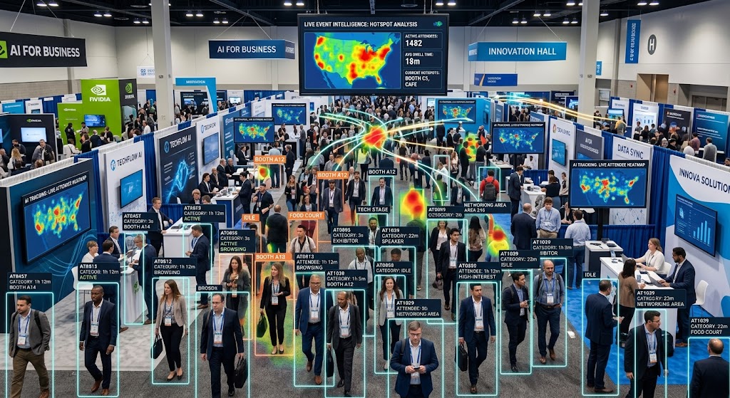 AI overlay tracking attendees and booth hotspots on a live event floor